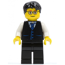 twn052 Black Vest with Blue Striped Tie, Black Legs, White Arms, Black Short Tousled Hair, Glasses 